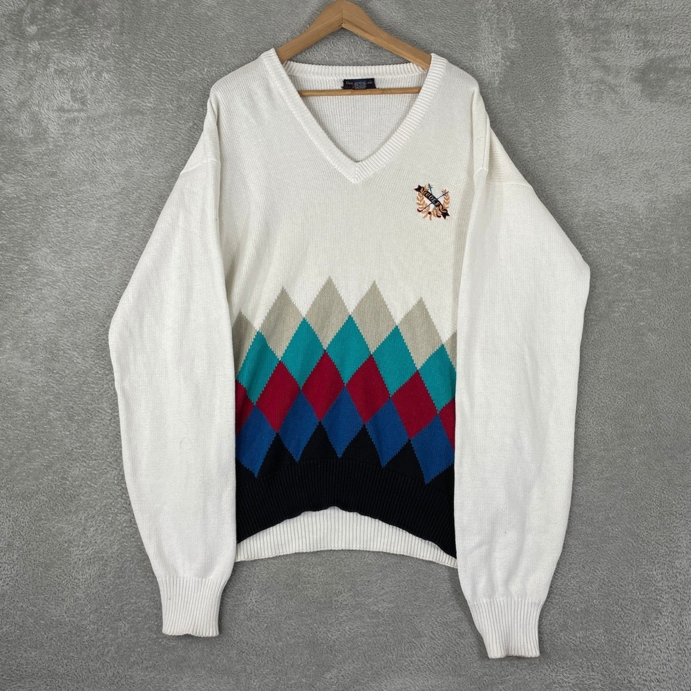 Desert Classic Jack Nicklaus Sweater Mens XL White Argyle Embroidery V-Neck Golf